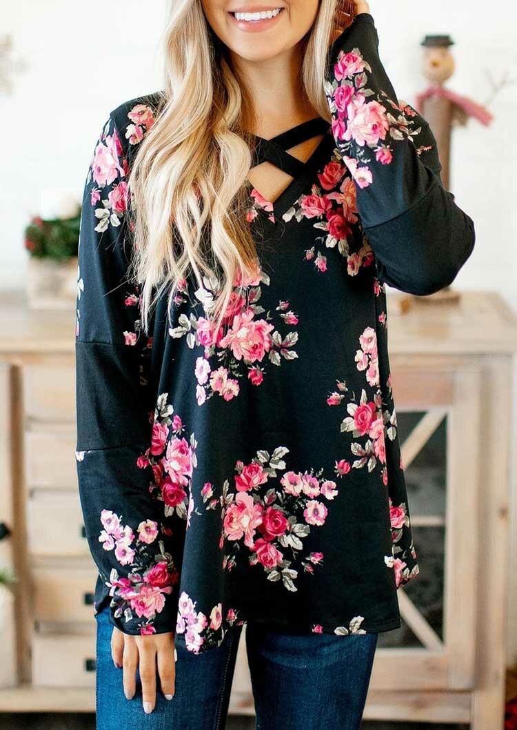 

Blouses Floral Criss-Cross Long Sleeve V-Neck Blouse in Black. Size