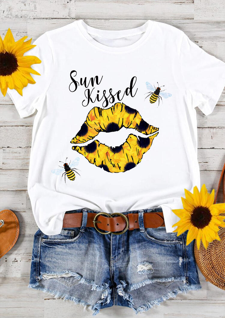 T-shirts Tees Sun Kissed Sunflower Lips Bee T-Shirt Tee in White. Size: S,M,L,XL
