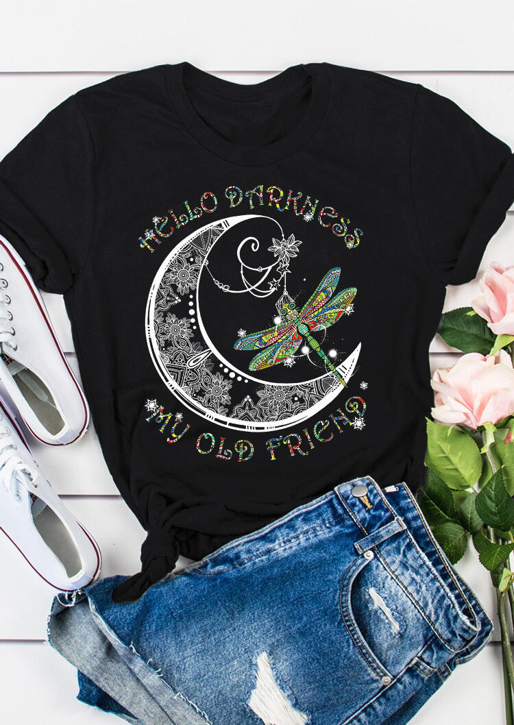 

T-shirts Tees Hello Darkness My Old Friend Dragonfly And Moon T-Shirt Tee in Black. Size