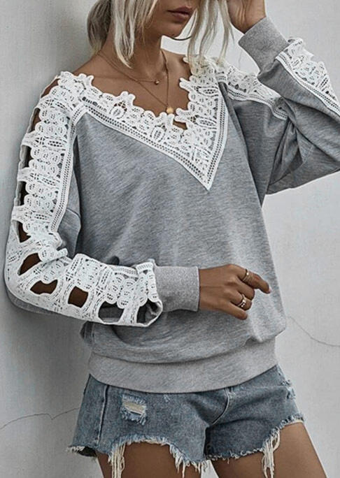 

Blouses Lace Splicing Hollow Out Casual Blouse in Light Grey. Size