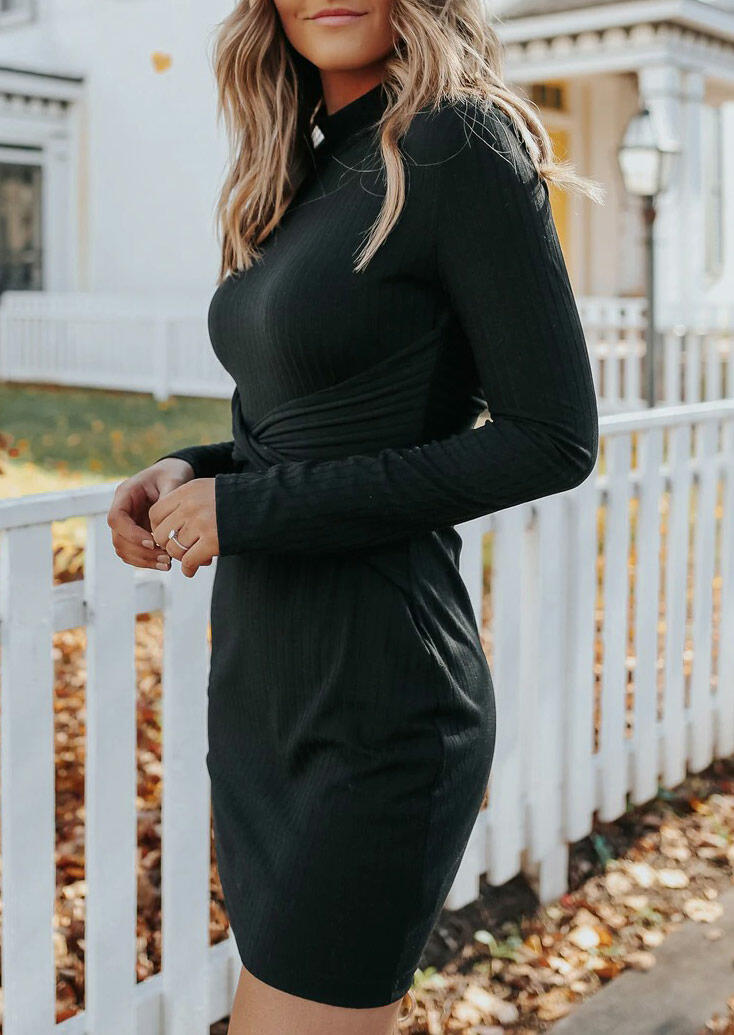 Hollow Out Twist Long Sleeve Bodycon Dress - Black