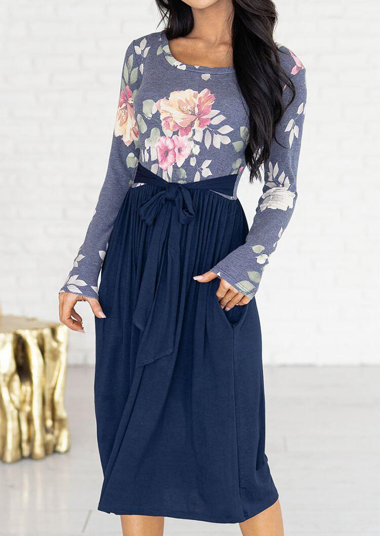 

Midi Dresses Floral Ruffled Pocket Long Sleeve Midi Dress in Multicolor. Size: M,,XL