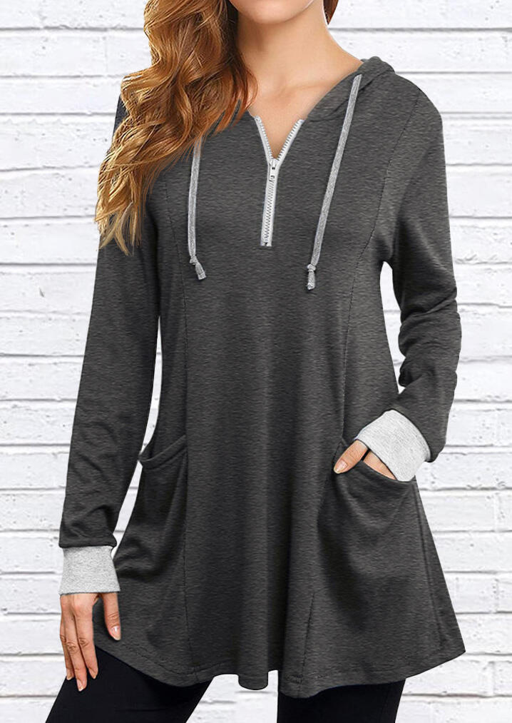 

Hoodies Pocket Zipper Collar Drawstring Pullover Hoodie in Dark Grey. Size
