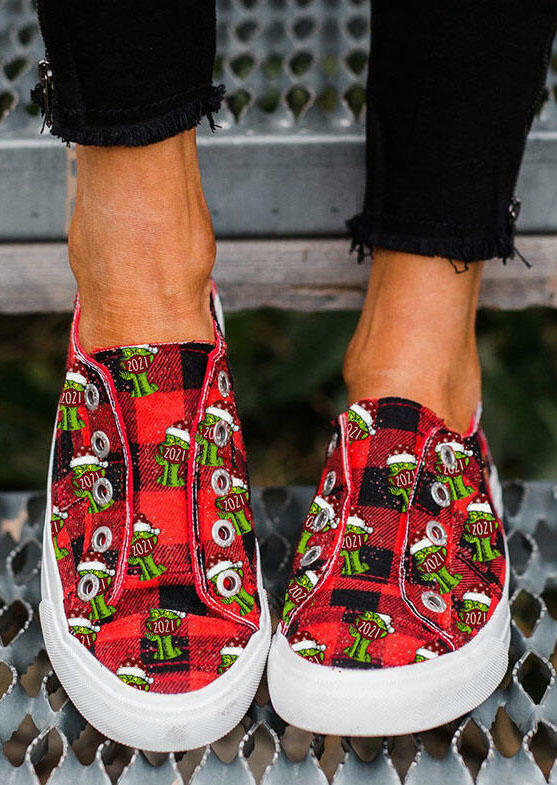 

Sneakers Christmas Hat Grinch Buffalo Plaid Slip On Flat Sneakers in Red. Size: ,41