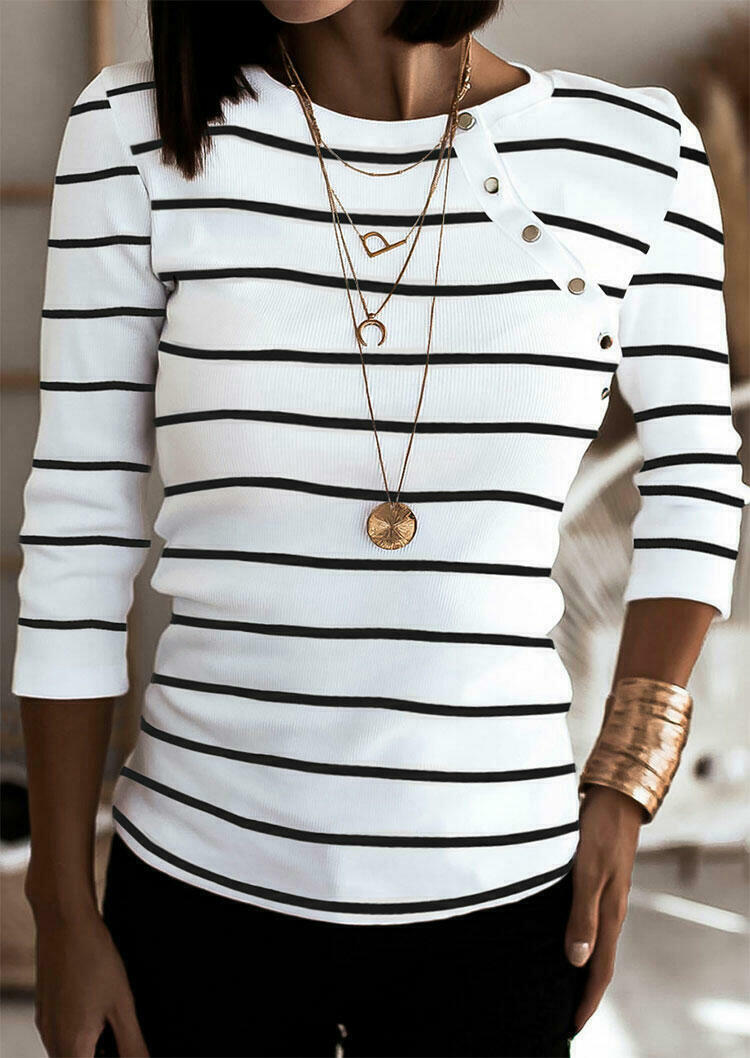 

Blouses Striped Side Button Three Quarter Casual Blouse in Stripe. Size