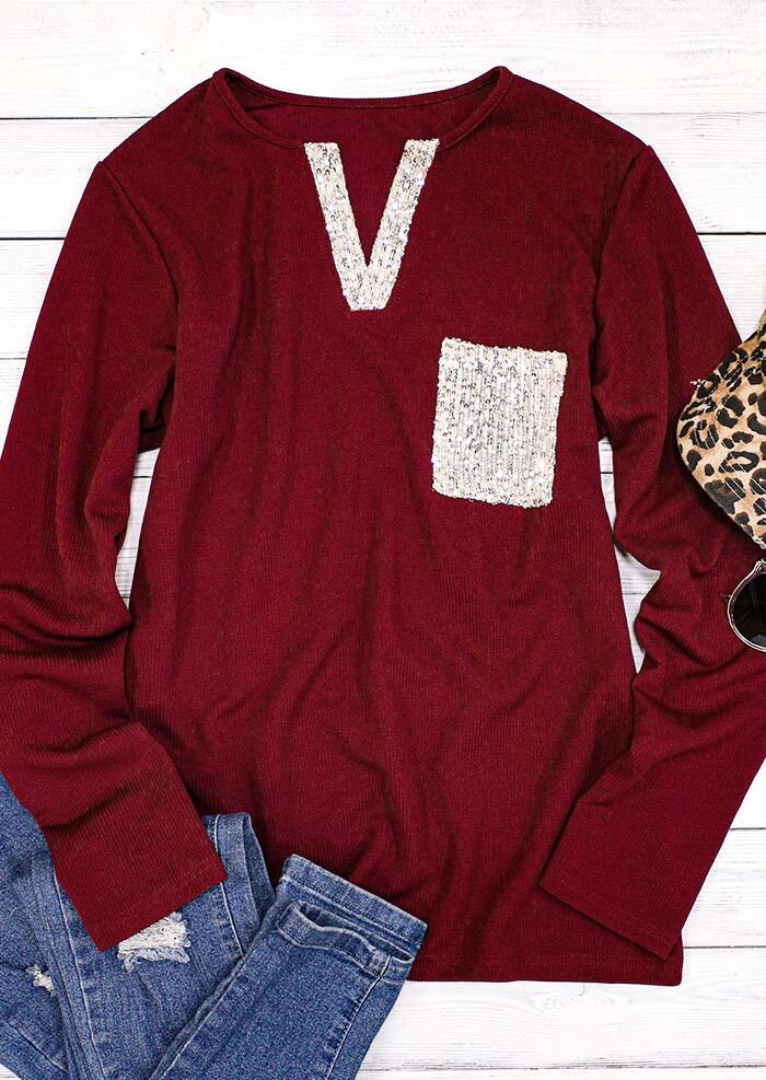 

Blouses Sequined Splicing Pocket Long Sleeve Casual Blouse in Burgundy. Size