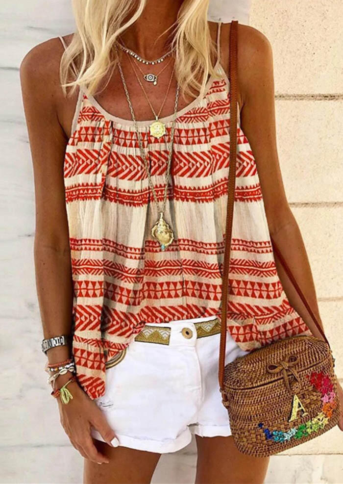 

Tank Tops Bohemian Geometric Ruffled Casual Camisole in Red. Size