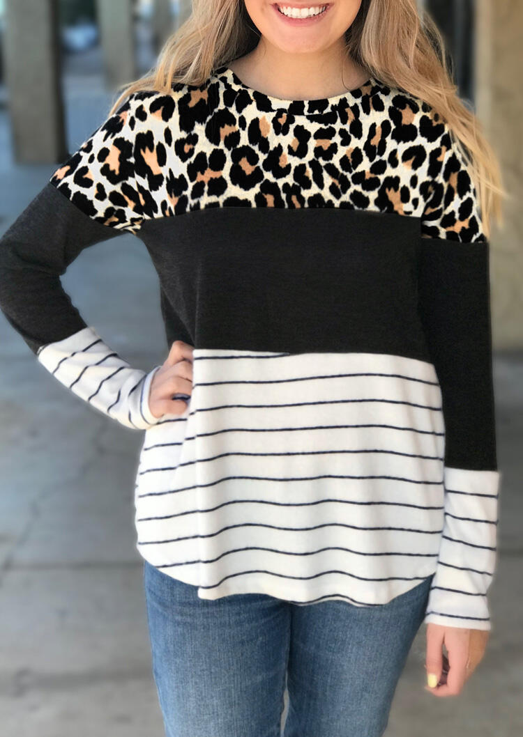 

Blouses Leopard Striped Color Block Splicing Blouse in Multicolor. Size: ,M,L