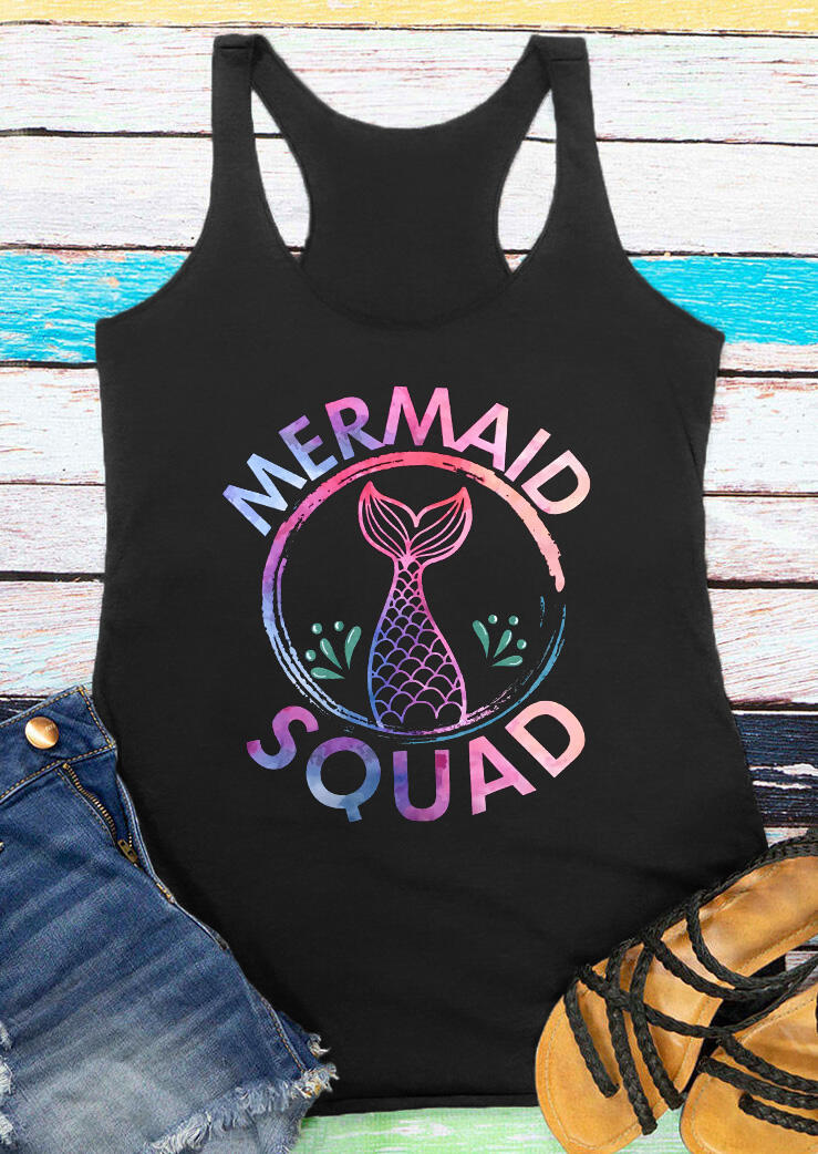 

Tank Tops Mermaid Squad O-Neck Racerback Tank Top in Black. Size