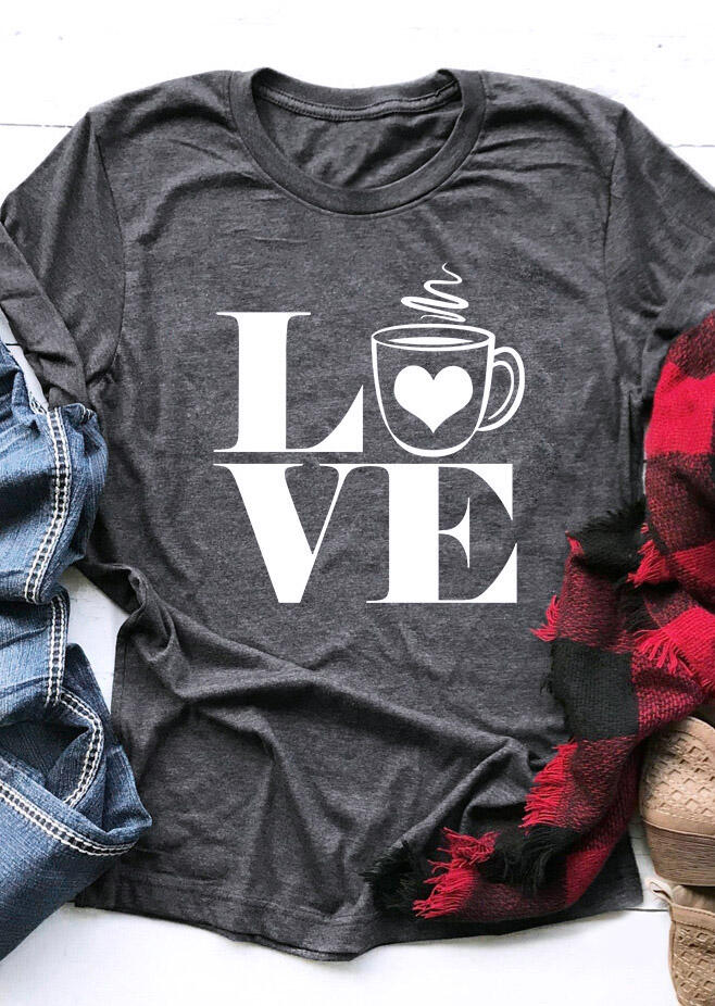 

T-shirts Tees Love Coffee O-Neck Casual T-Shirt Tee in Gray. Size