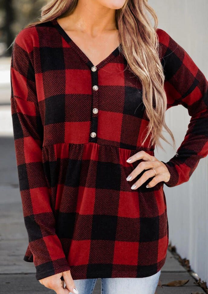 

Blouses Buffalo Plaid Ruffled Button Long Sleeve Blouse in Plaid. Size