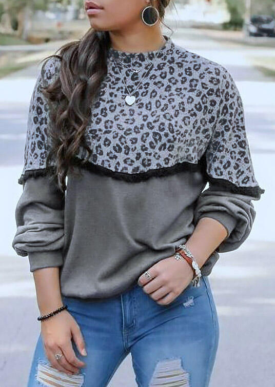 

Leopard Tassel Splicing Zipper Long Sleeve Pullover Sweatshirt, 492048