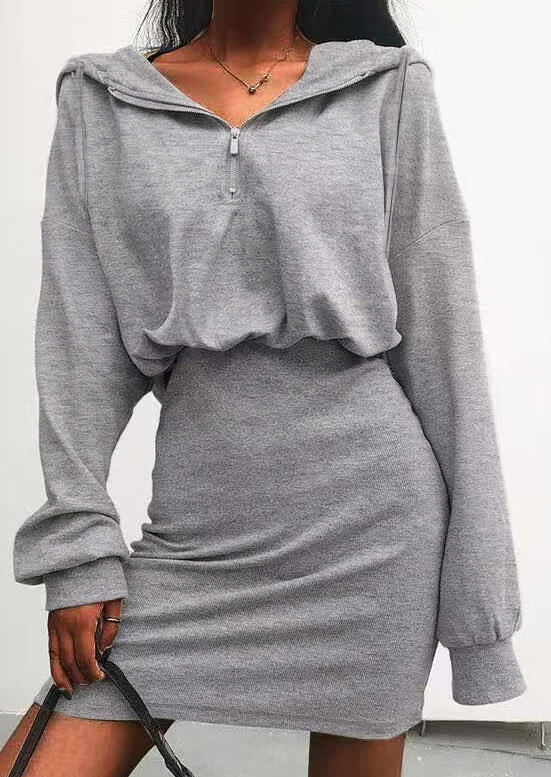 

Elastic Waist Zipper Drawstring Hooded Mini Dress - Gray, 492072