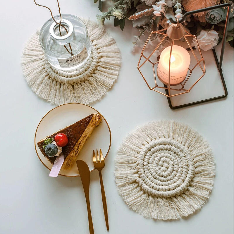 

Tools Bohemian Macrame Tassel Braided Cup Coaster in Beige. Size
