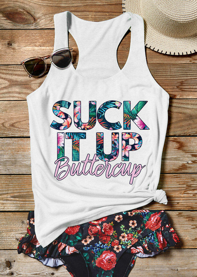 

Tank Tops Suck It Up Buttercup Floral Casual Racerback Tank Top in White. Size