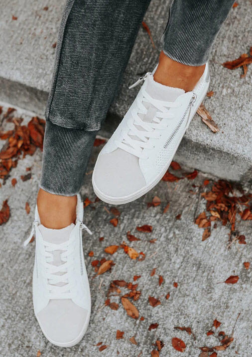 

Sneakers Lace Up Zipper Round Toe Flat Sneakers in White. Size: ,38,39,40,41