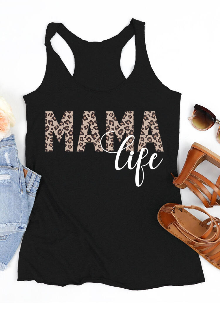 

Tank Tops Leopard Mama Life Casual Racerback Tank Top in Black. Size