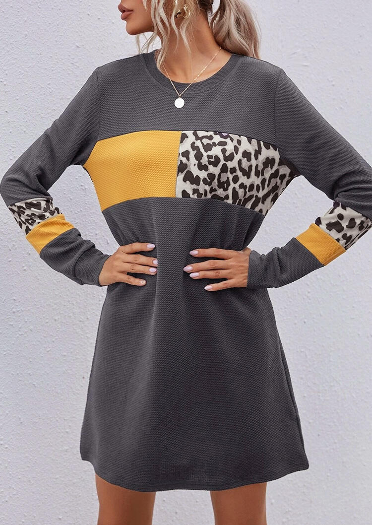

Mini Dresses Leopard Color Block Long Sleeve Mini Dress in Gray. Size: ,M,L,XL