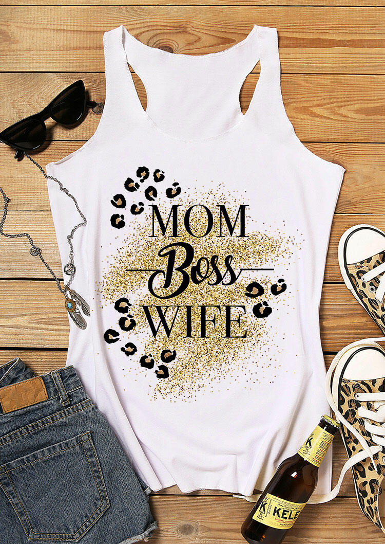 

Tank Tops Leopard Glitter Mom Boss Wife Racerback Tank Top in White. Size