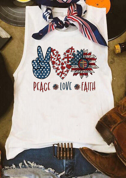 

Tank Tops Peace Love Faith Sunflower American Flag Tank Top in White. Size: ,3XL