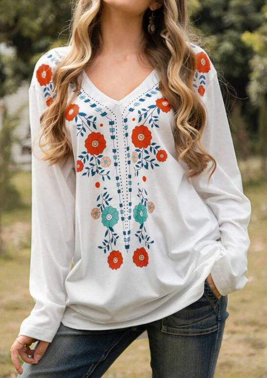 

Blouses Floral V-Neck Long Sleeve Casual Blouse in White. Size: S,M,L