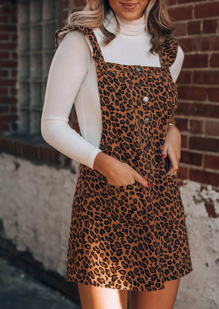 

Mini Dresses Leopard Button Pocket Overall Mini Dress in Leopard. Size