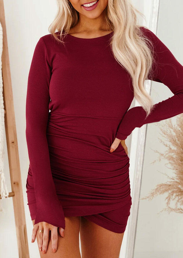 Bodycon Dresses Open Back Ruched Tie Long Sleeve Bodycon Dress - Burgundy in Red. Size: L,M,S,XL
