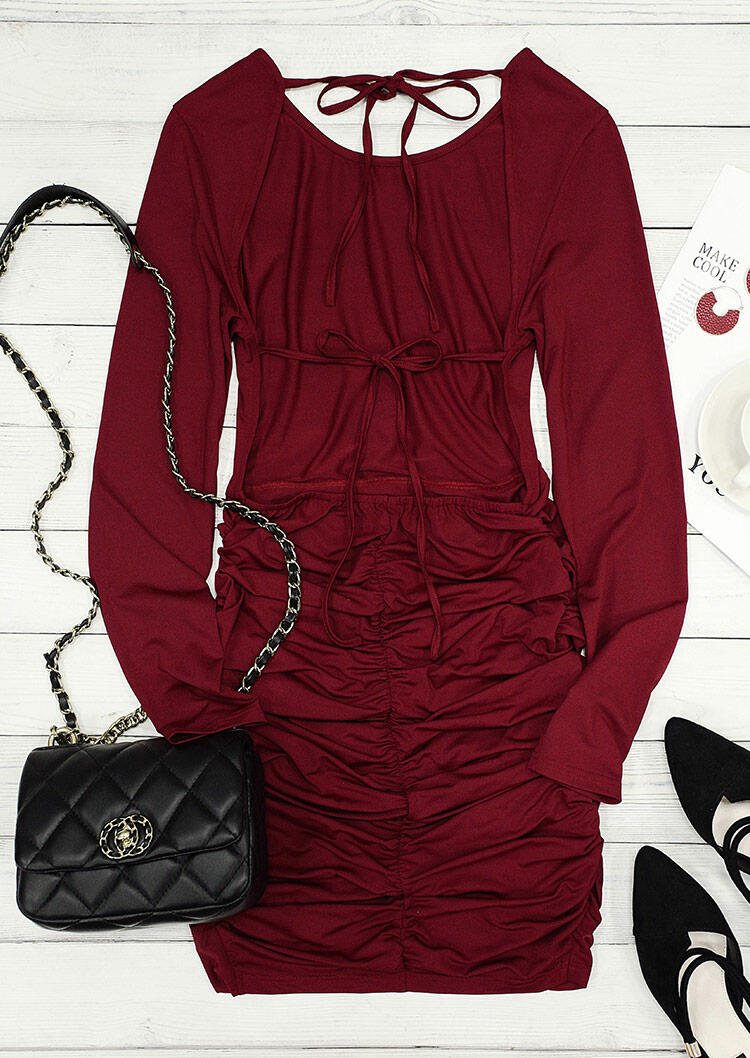 Open Back Ruched Tie Long Sleeve Bodycon Dress - Burgundy