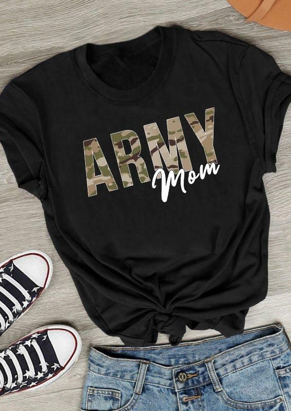 

T-shirts Tees Camouflage Army Mom O-Neck T-Shirt Tee in Black. Size: S,M,L