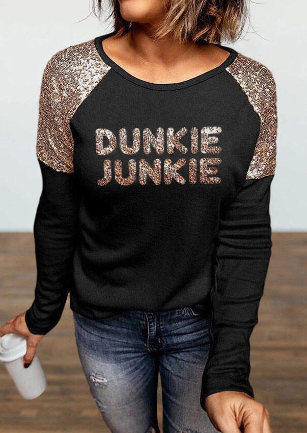 

Blouses Dunkie Junkie Sequined Splicing Long Sleeve Blouse in Black. Size