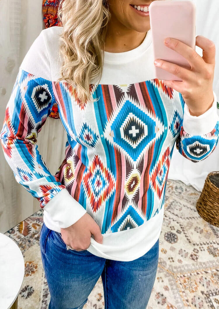 

Blouses Aztec Geometric Colorful Striped Cross Blouse in White. Size