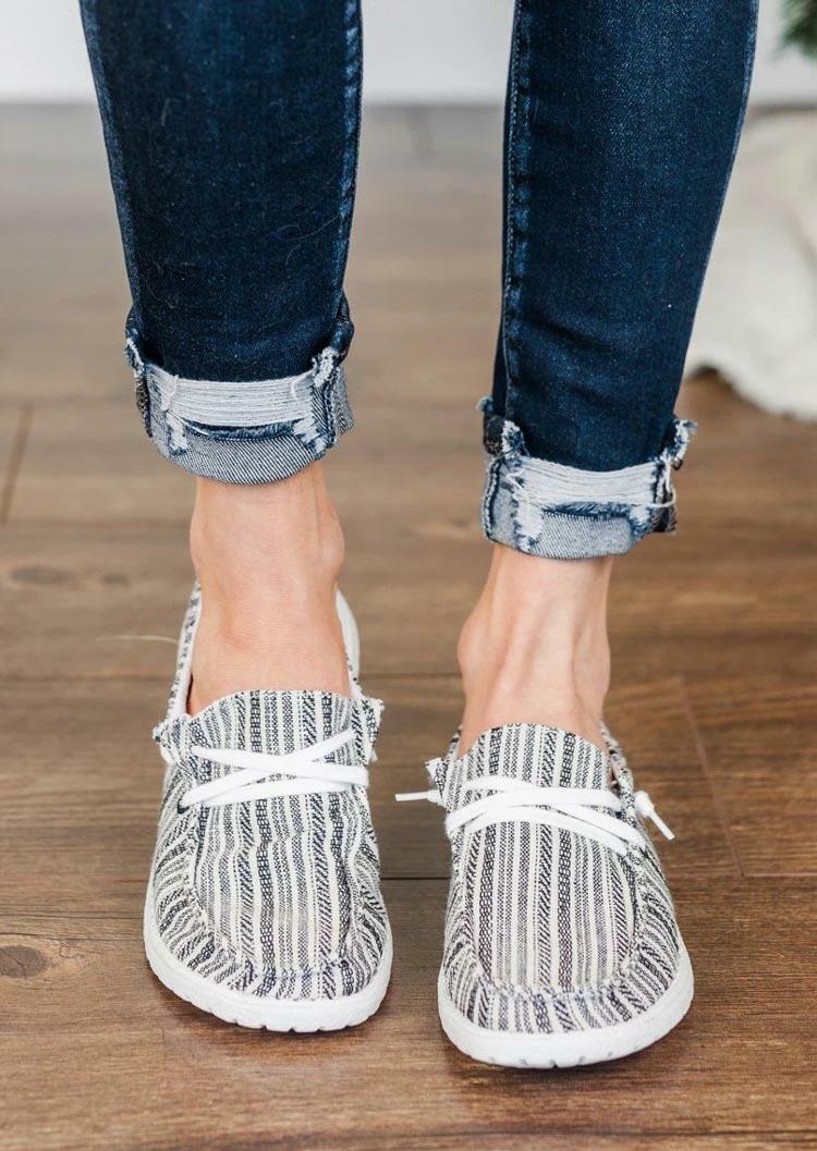 Sneakers Ethnic Style Striped Slip On Flat Sneakers in Gray. Size: 37