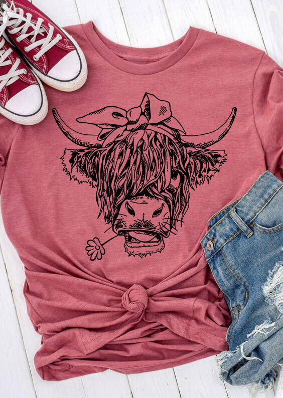 Cute Cattle Cowgirl O-Neck T-Shirt Tee - Cameo Brown