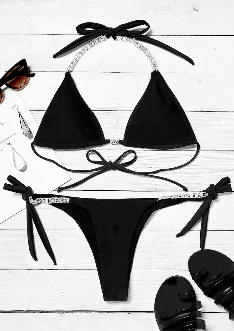 

Bikini Sets Rhinestone Tie Halter Bikini Set in Black. Size: ,XL