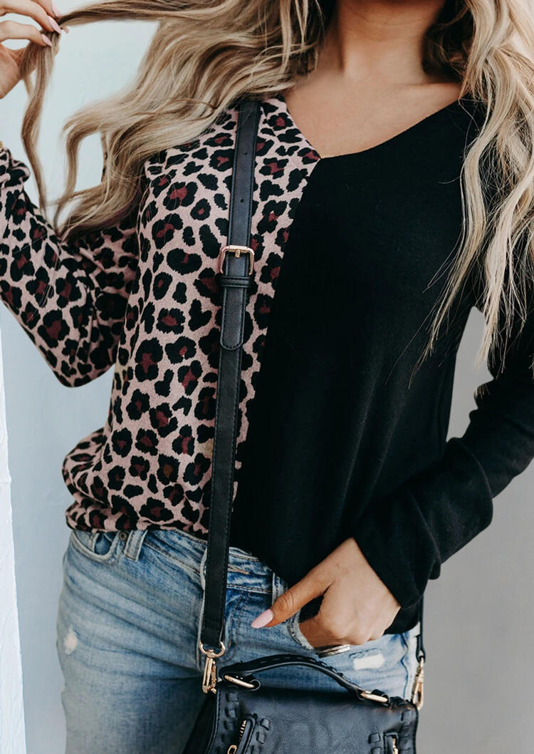 

Blouses Leopard Color Block Splicing Long Sleeve Blouse in Leopard. Size
