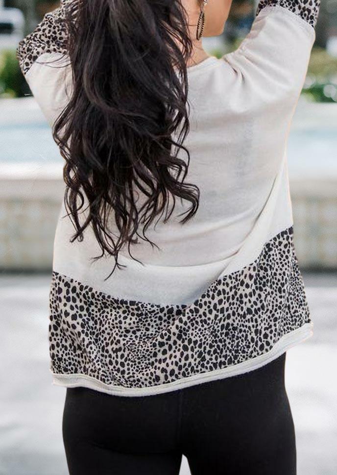 

Blouses Dunkie Junkie Leopard Splicing Long Sleeve Blouse in White. Size: ,M,L,XL