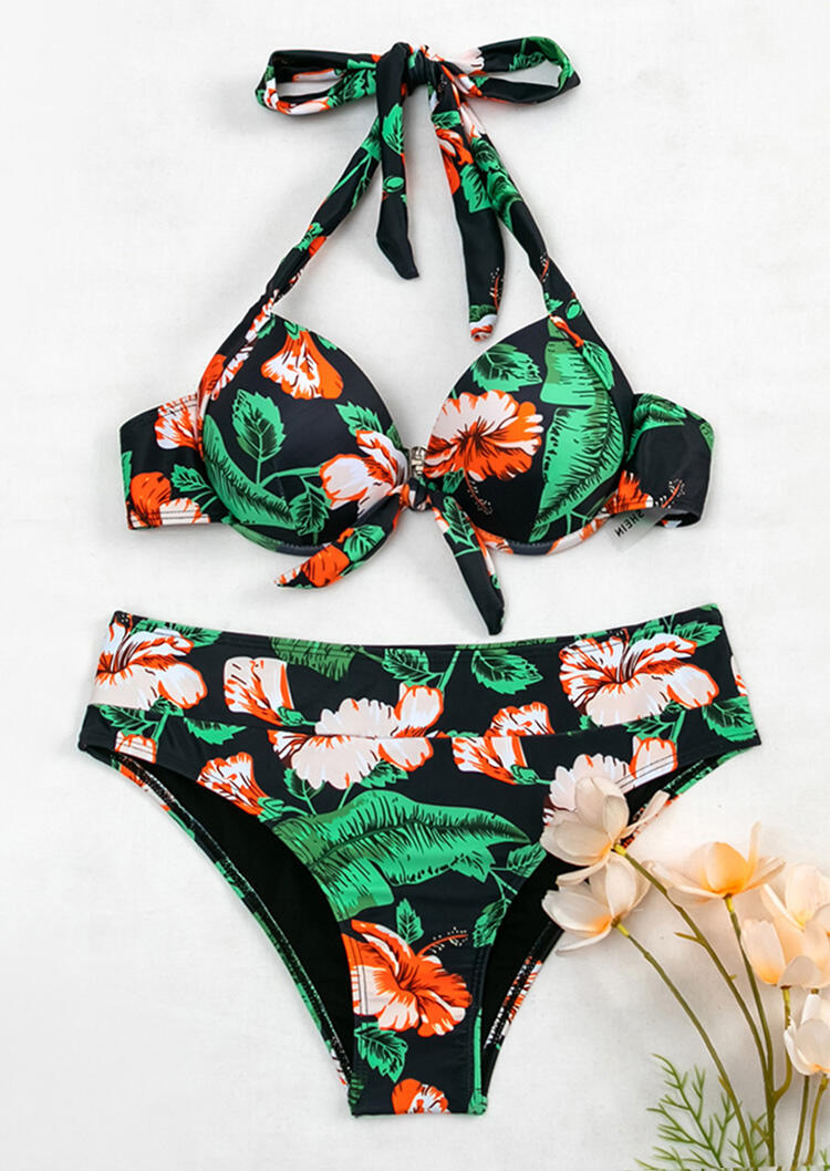 

Bikini Sets Floral Halter Tie Mid Waist Bikini Set in Multicolor. Size