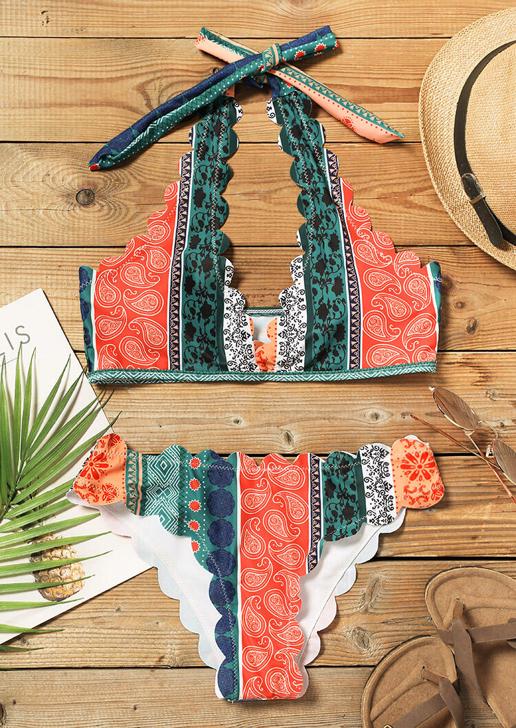 

Bikini Sets Geometric Ethnic Style Wavy Edge Halter Tie Bikini Set in Multicolor. Size: ,M