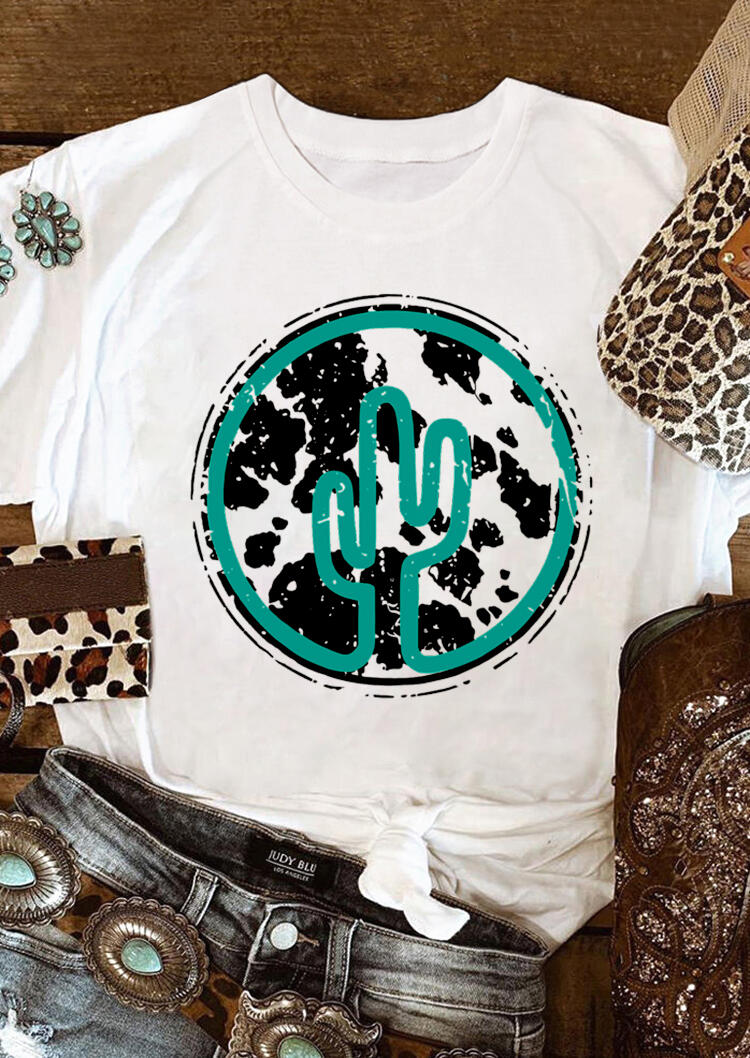 T-shirts Tees Cowhide Cactus Western O-Neck T-Shirt Tee in White. Size: 2XL,3XL