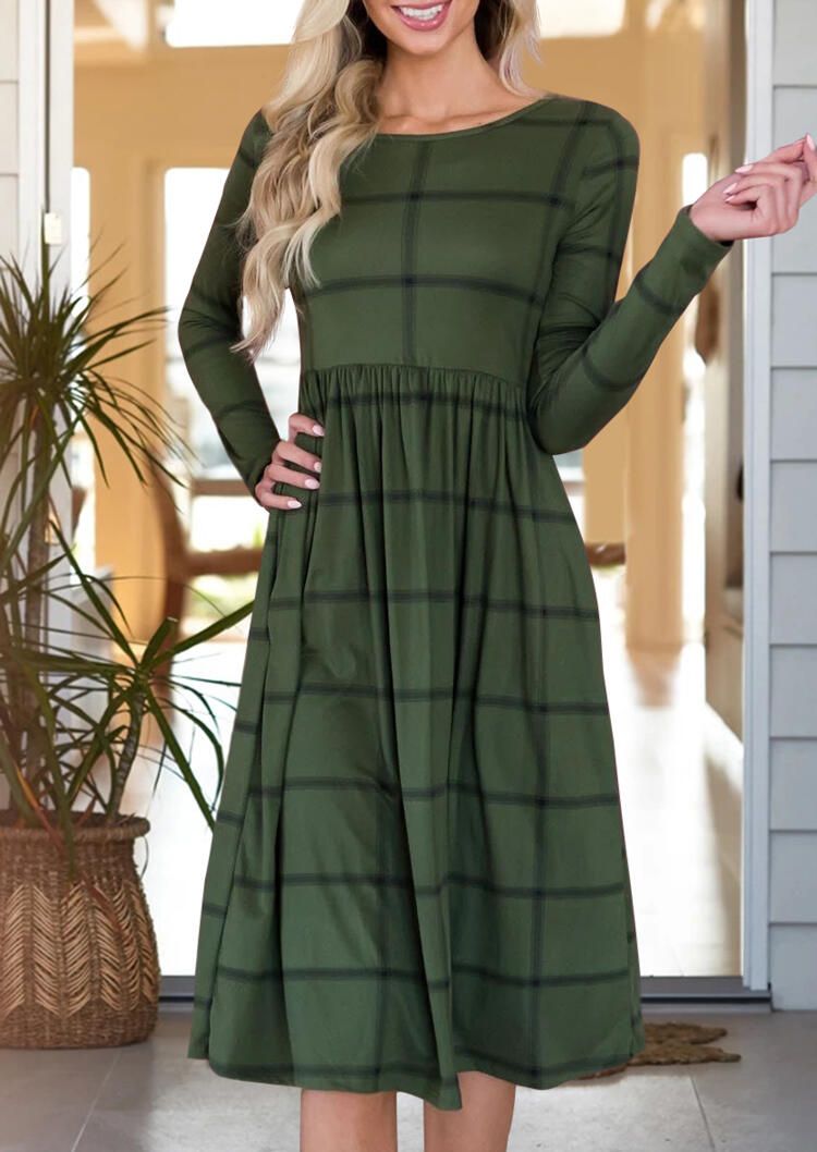 

Casual Dresses Plaid Ruffled Long Sleeve Casual Dress in Green. Size: S,M,,XL