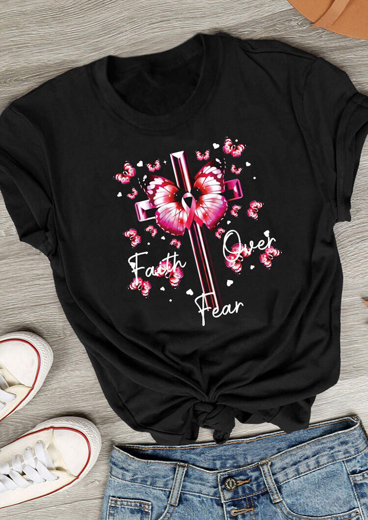

T-shirts Tees Faith Over Fear Cross Butterfly Ribbon Anti-Cancer T-Shirt in Black. Size: ,L