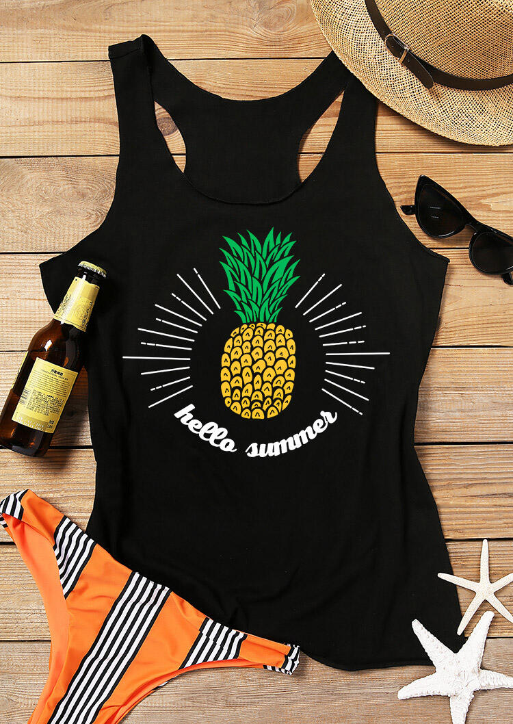 

Tank Tops Hello Summer Pineapple Casual Racerback Tank Top in Black. Size