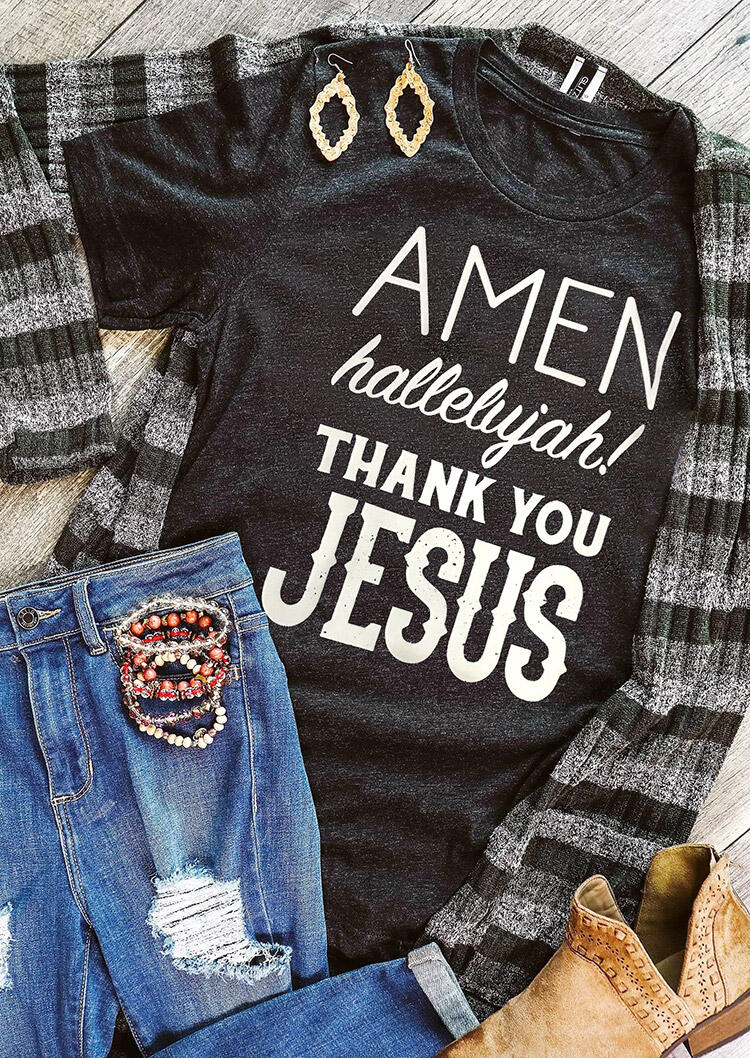 

T-shirts Tees Amen Hallelujah Thank You Jesus T-Shirt Tee in Dark Grey. Size