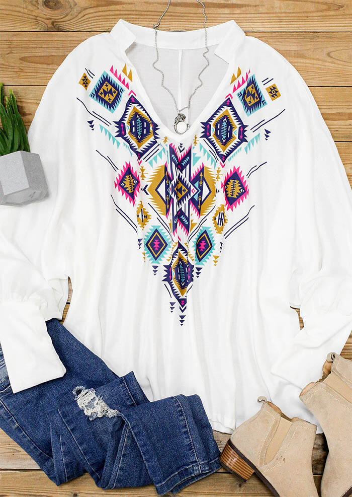 

Blouses Aztec Geometric Batwing Sleeve V-Neck Blouse in White. Size: ,L