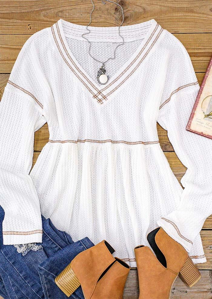 

Blouses Ruffled Waffle Long Sleeve V-Neck Blouse in Beige. Size