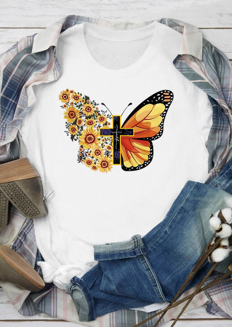 

T-shirts Tees Butterfly Sunflower Faith Cross O-Neck T-Shirt Tee in White. Size