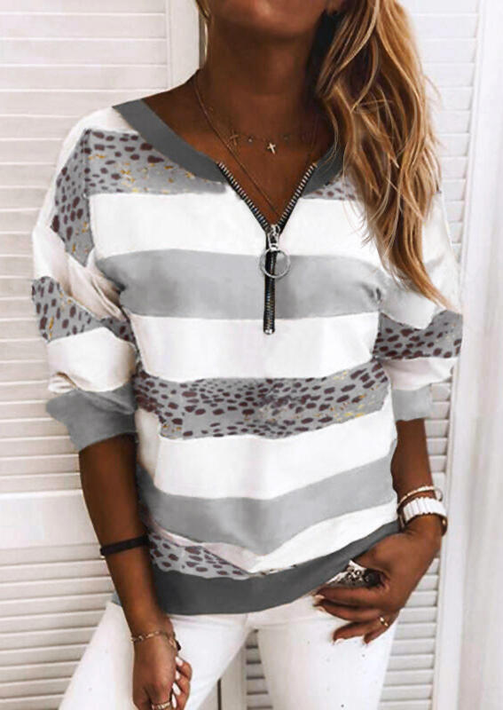 

Blouses Leopard Splicing Color Block Striped Zipper Blouse in Gray. Size