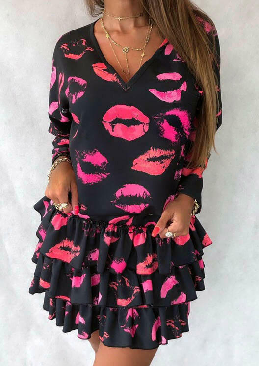 Lips Ruffled Layered Elastic Waist Long Sleeve Mini Dress