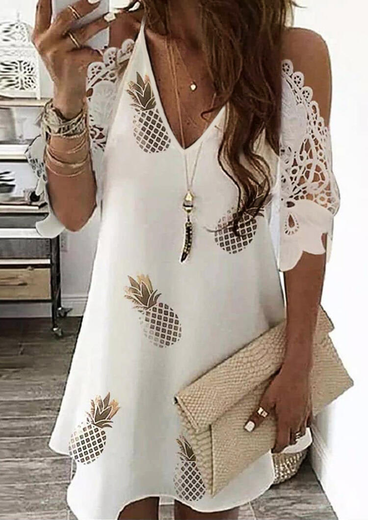 Pineapple Hollow Out Lace Splicing Cold Shoulder Mini Dress - White
