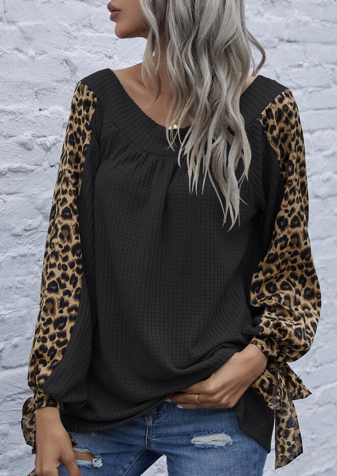 

Blouses Leopard Tie Long Sleeve Splicing Waffle Blouse in Black. Size